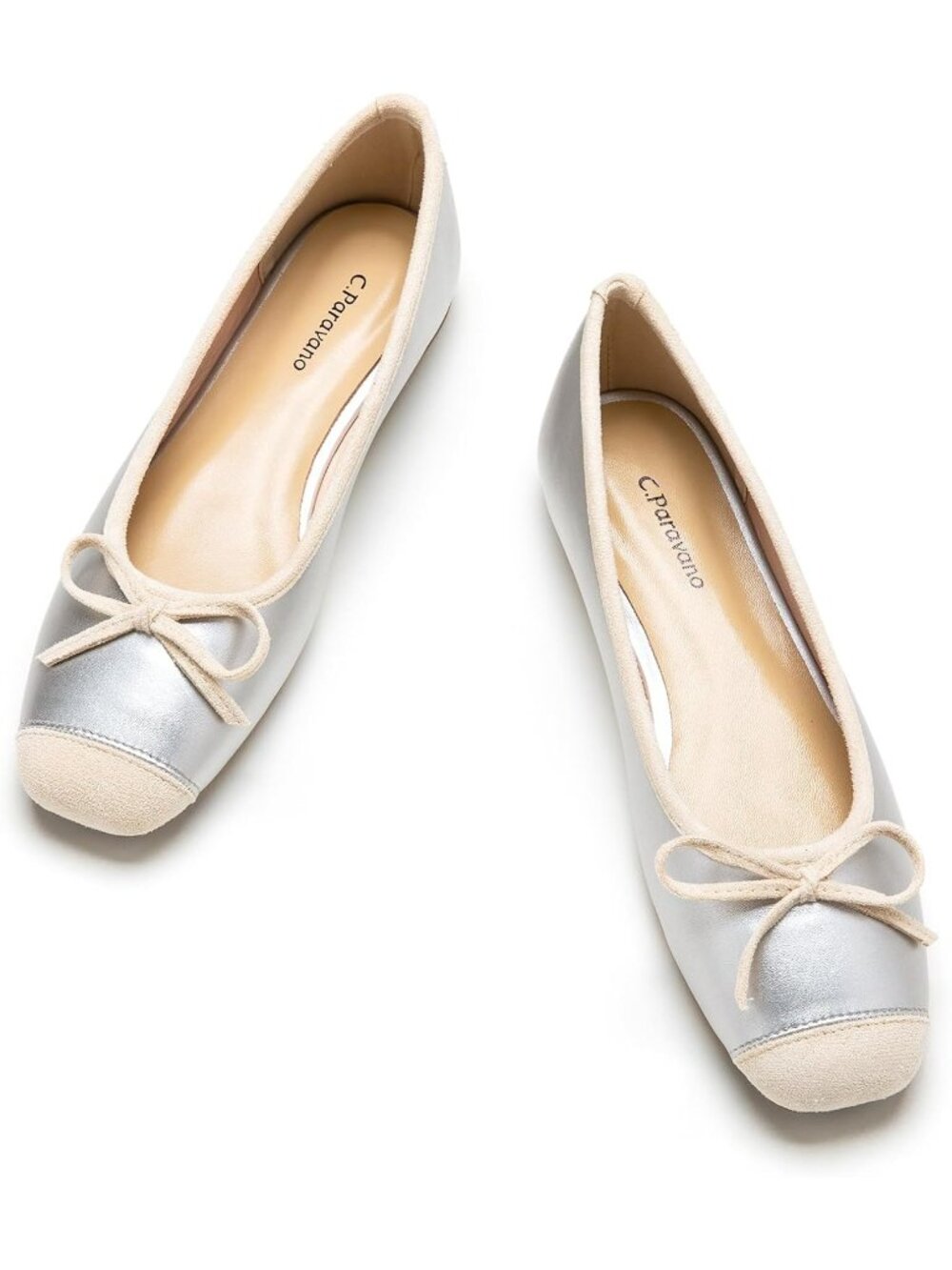 Women's Silver Ballet Flats Square Toe Bow Slip On Dressy Flats Pull-On Shoes